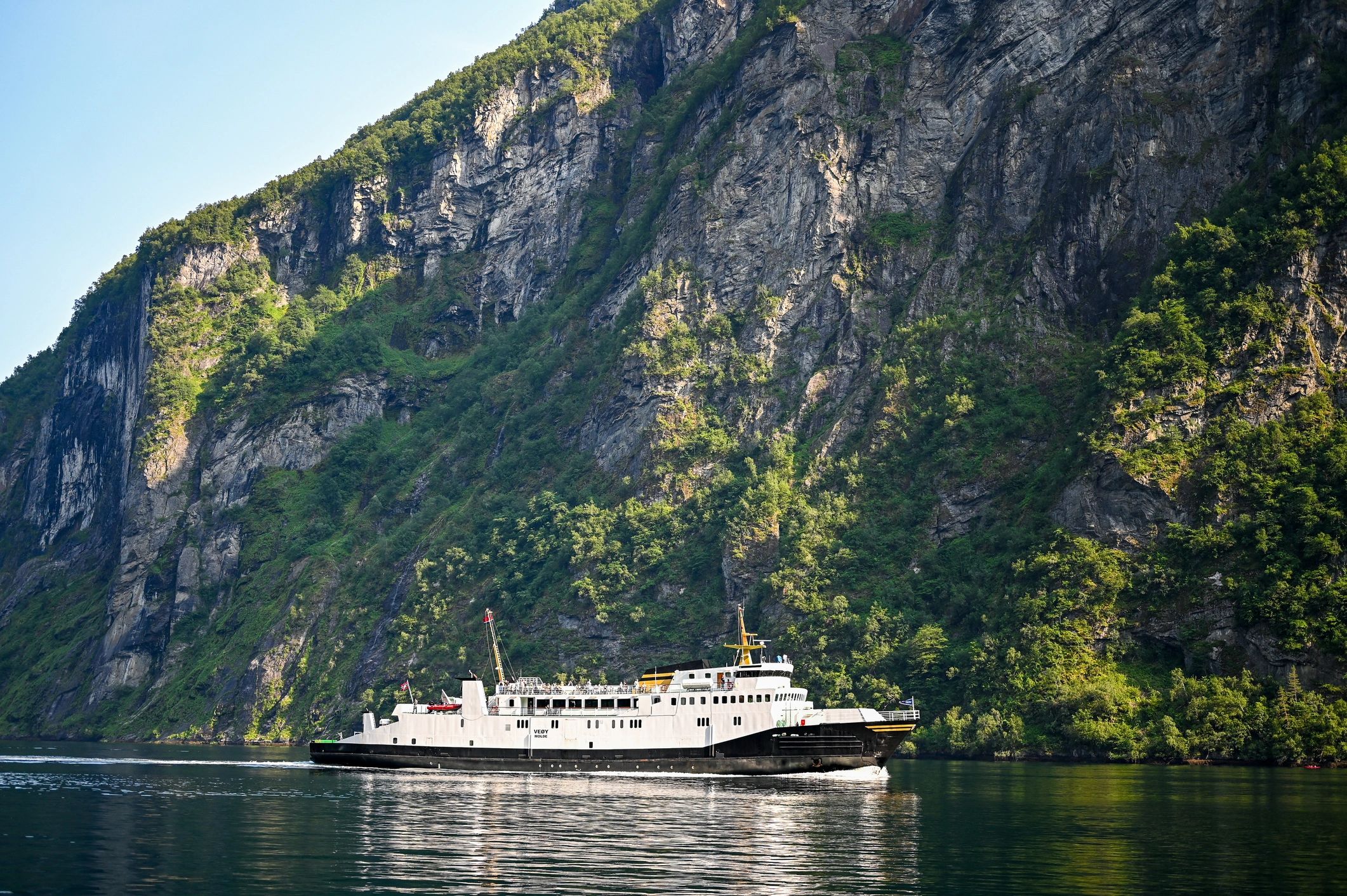 Cruise ship sailing through scenic fjords
